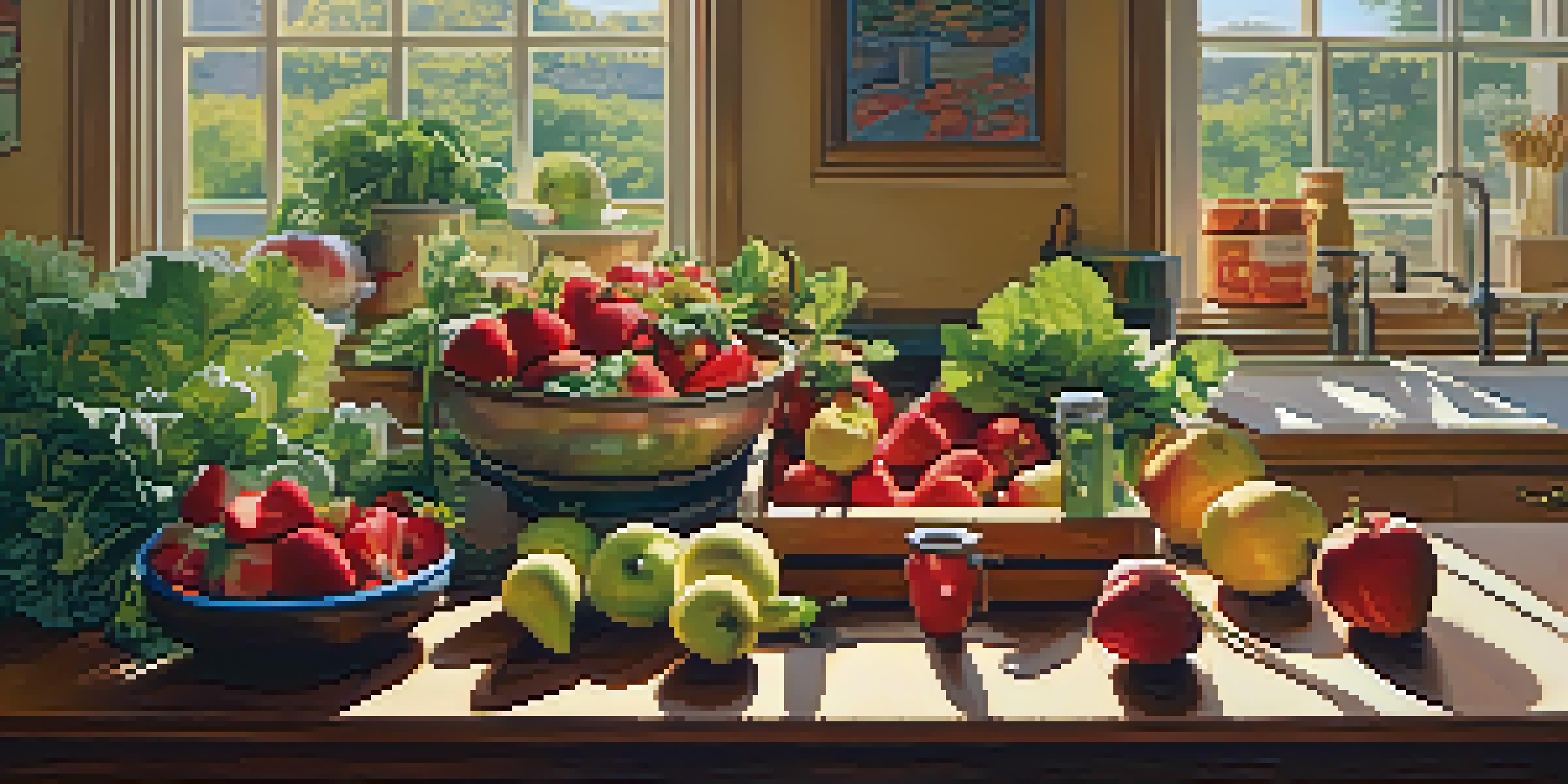 A bright kitchen showcasing a variety of fresh, organic fruits and vegetables on a wooden table, with kitchen appliances in the background.