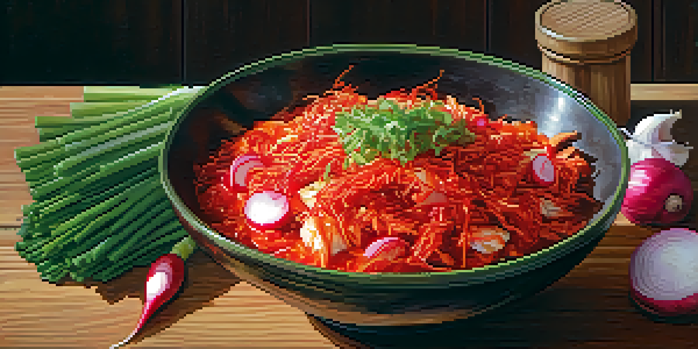 A colorful bowl of homemade kimchi with vegetables like napa cabbage and radishes, illuminated by warm sunlight on a wooden table.