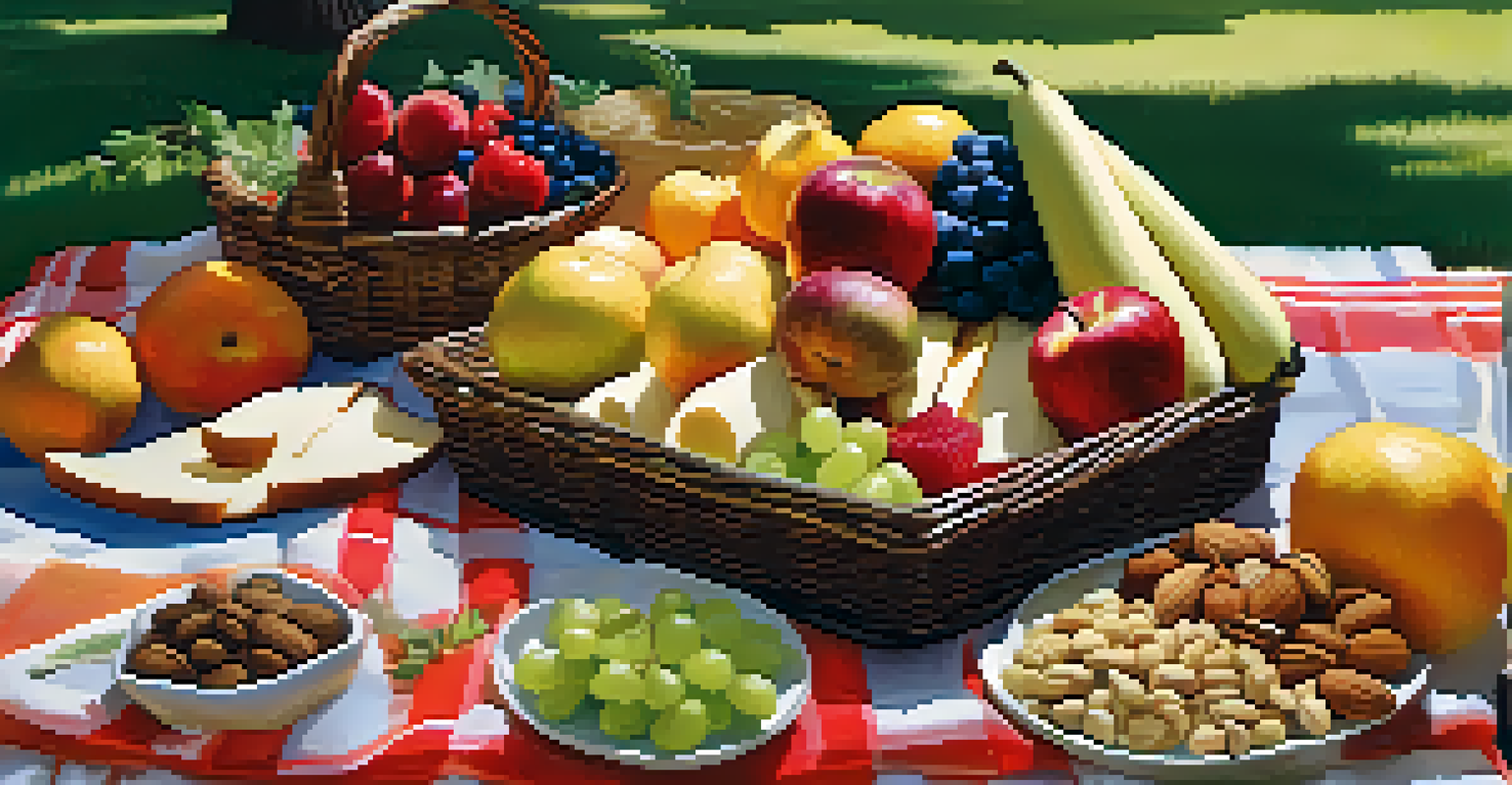 A picnic scene with a spread of raw foods on a blanket in a park, surrounded by trees.