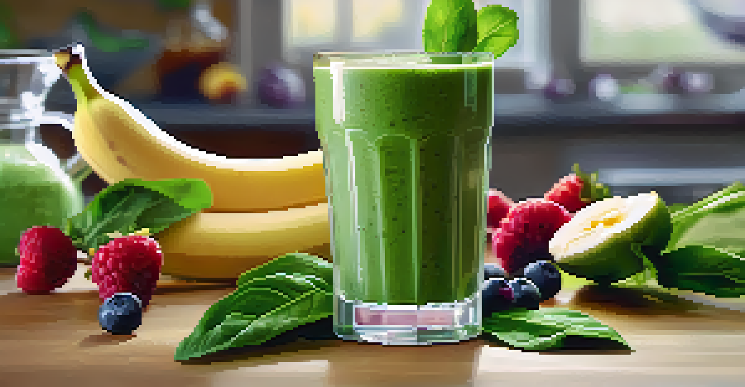 A close-up of a green smoothie in a clear glass, surrounded by fresh raw ingredients in a warm kitchen setting.