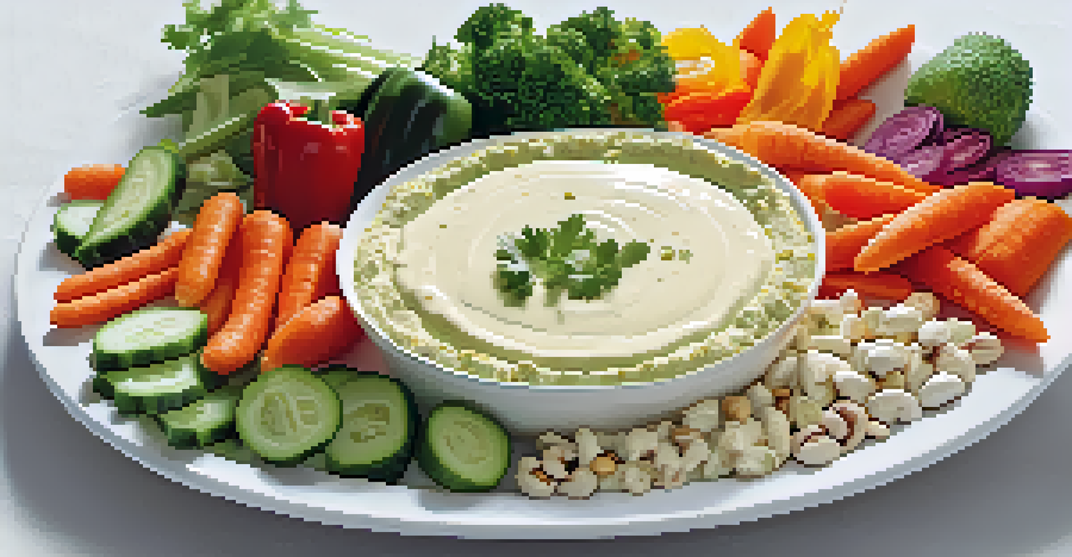 An assortment of raw vegetables with a vegan cheese dip made from nuts and nutritional yeast on a white plate.