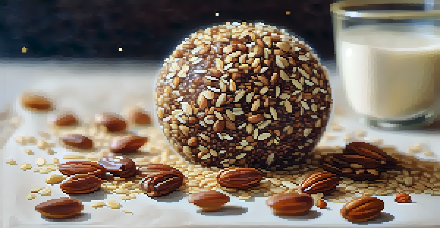 A close-up of a homemade energy ball on parchment paper, with nut milk in the background.
