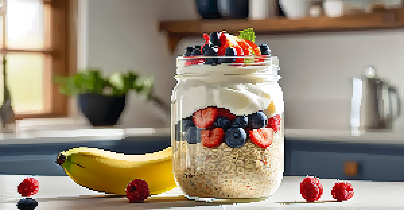 A bowl of overnight oats topped with fruits and nuts on a bright kitchen counter, illuminated by morning light.