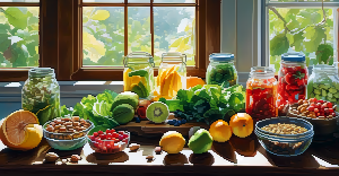 A wooden table featuring a variety of fresh fruits, vegetables, nuts, and seeds illuminated by natural sunlight.