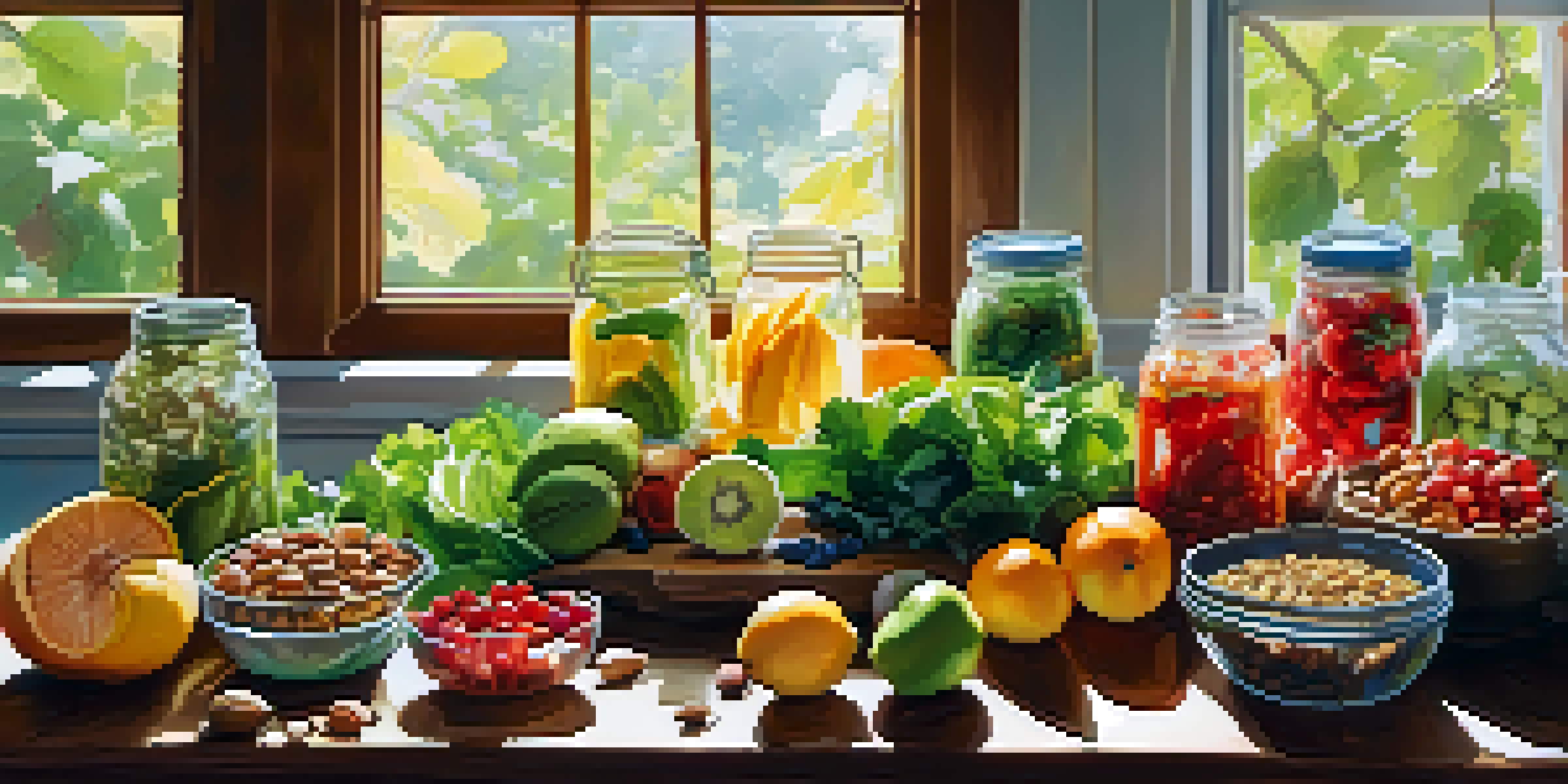 A wooden table featuring a variety of fresh fruits, vegetables, nuts, and seeds illuminated by natural sunlight.