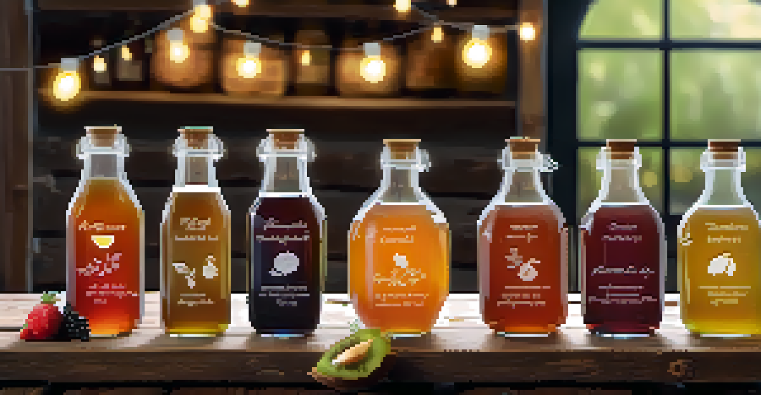 A setup for a kombucha tasting party with colorful bottles on a rustic table, surrounded by tasting glasses and fresh fruits, illuminated by warm lights.
