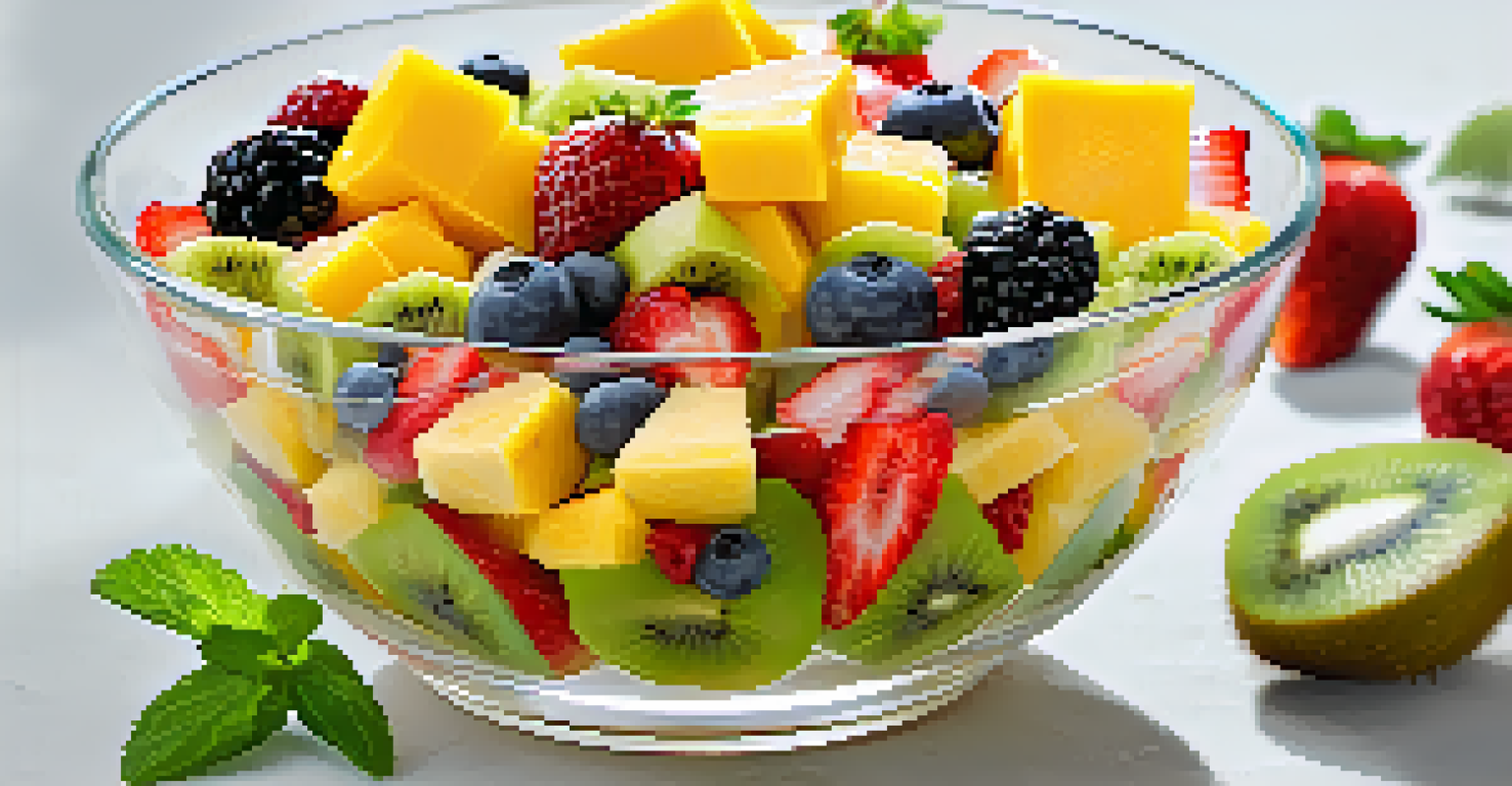 A close-up of a colorful fruit salad in a glass bowl, featuring mango, strawberries, and kiwi.
