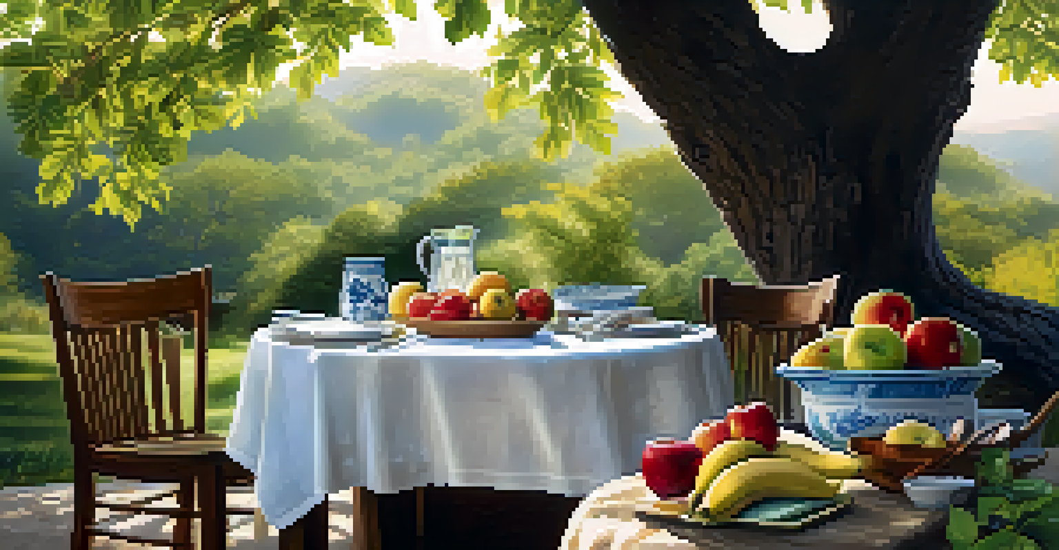 An outdoor dining setup with a bowl of fresh fruits and a pitcher of infused water on a rustic wooden table under a tree.