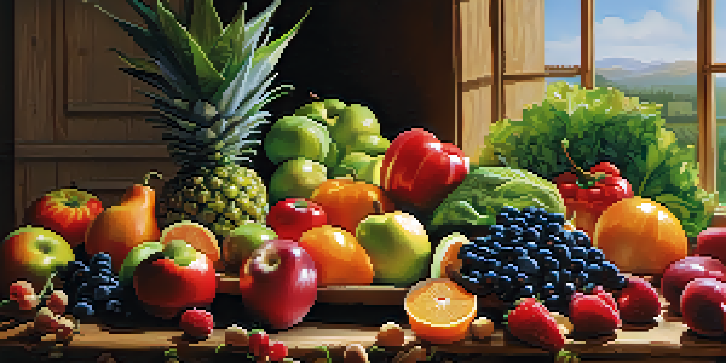 A colorful arrangement of fresh fruits and vegetables on a wooden table, illuminated by natural light.