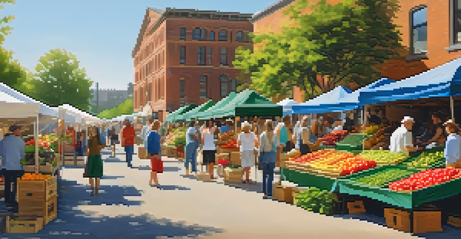 A bustling outdoor farmers' market with colorful stalls of fresh produce and engaged shoppers.