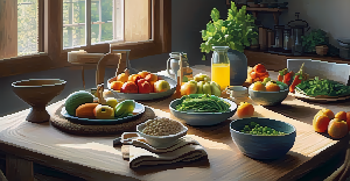 A beautifully arranged dining table with colorful raw fruits and vegetables, set in a calming kitchen environment.