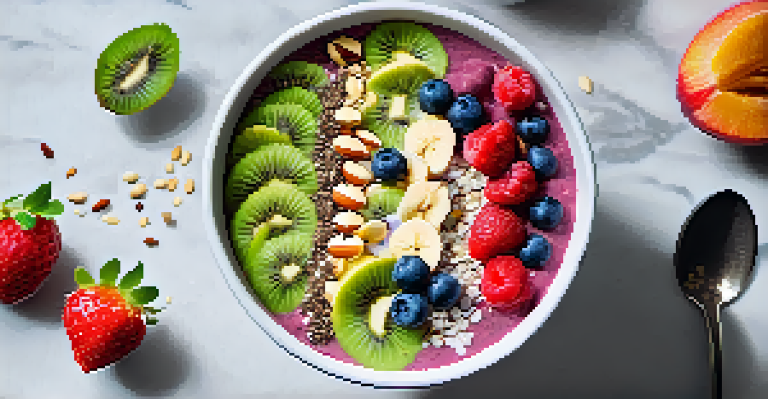 A close-up of a layered raw vegan smoothie bowl topped with fruits, chia seeds, and coconut flakes on a marble countertop with scattered nuts.