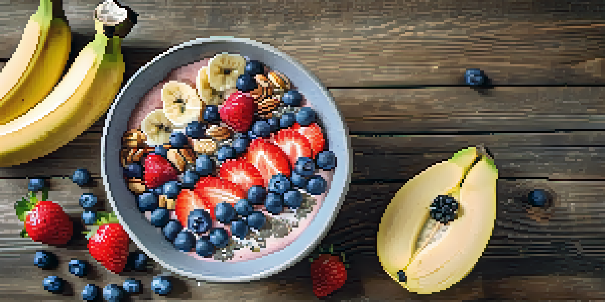 A colorful raw food smoothie bowl filled with various fruits and topped with chia seeds and nuts, placed on a wooden table under bright natural light.