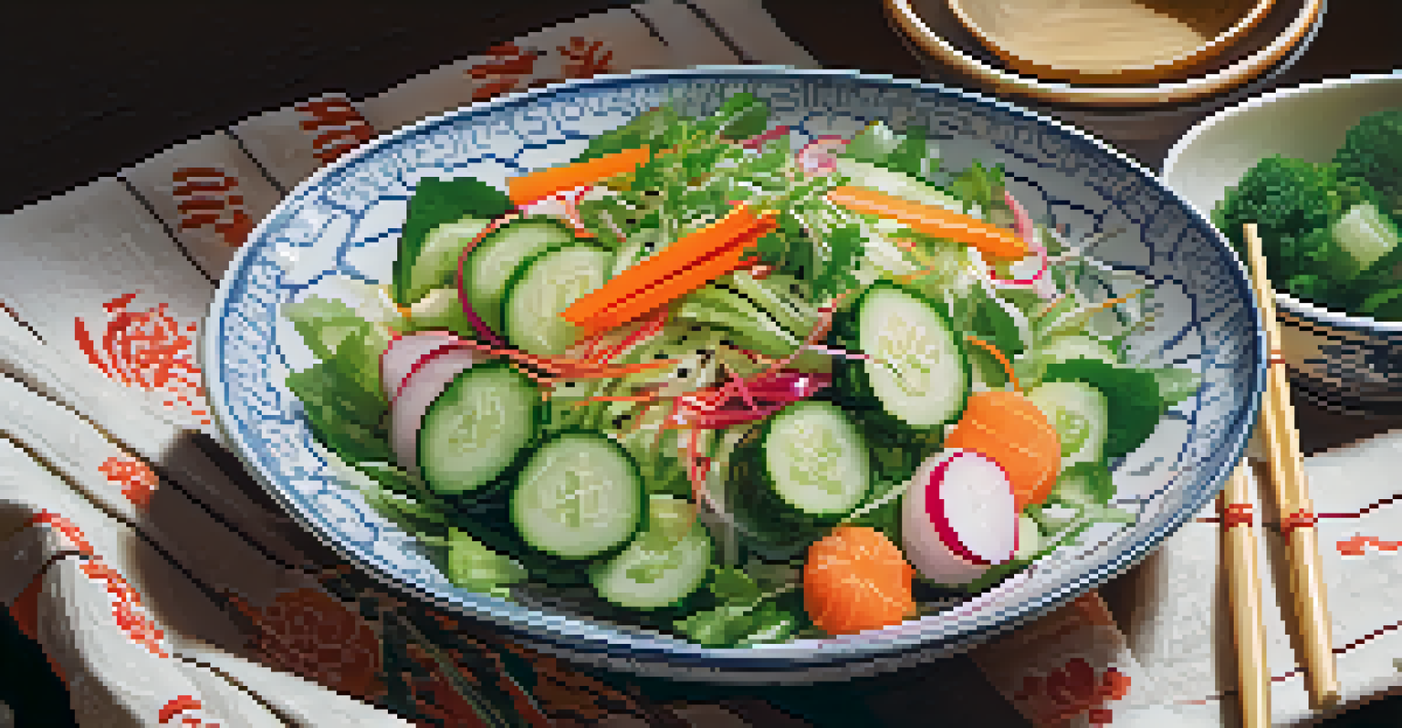An overhead view of a colorful Japanese salad with raw vegetables in a ceramic bowl, surrounded by bamboo utensils and a cloth napkin, illuminated by natural sunlight.