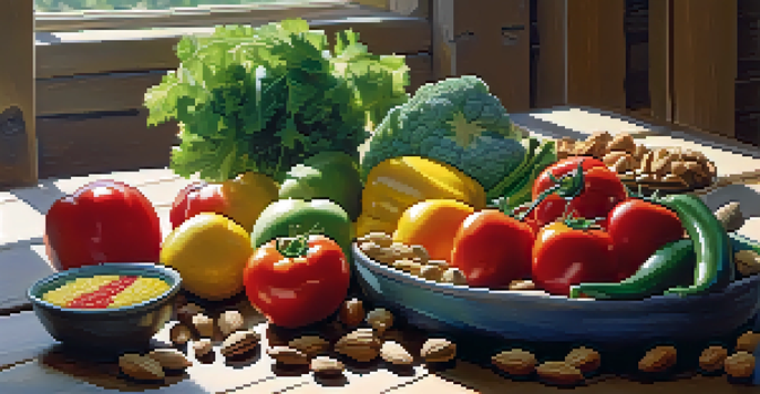 A colorful display of raw fruits and vegetables on a wooden table, with sunlight enhancing the fresh textures.