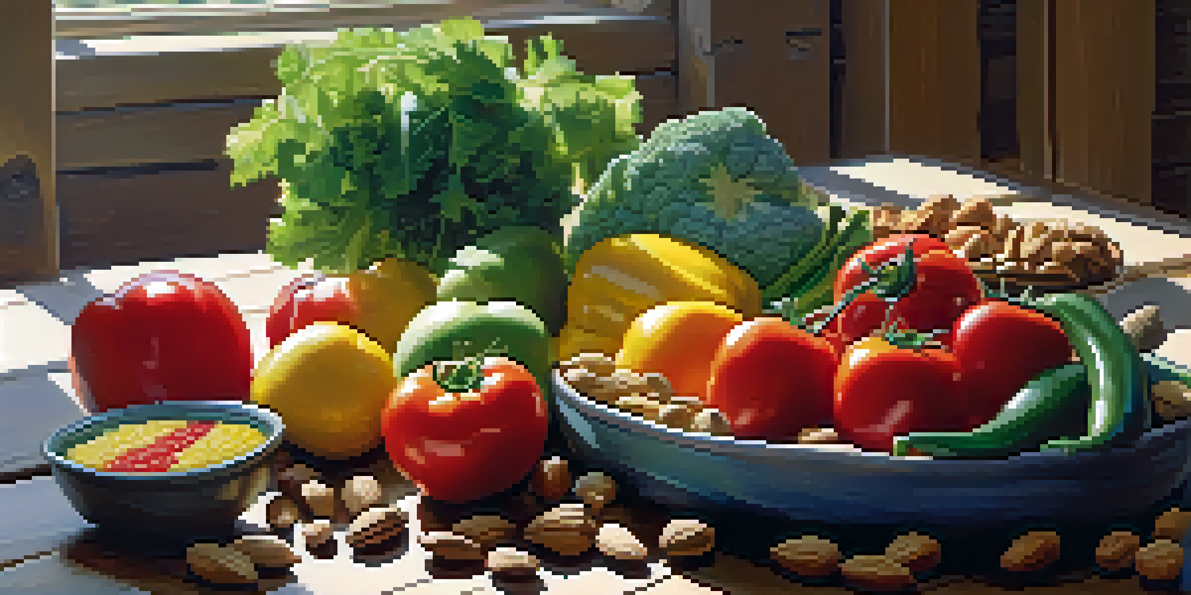 A colorful display of raw fruits and vegetables on a wooden table, with sunlight enhancing the fresh textures.