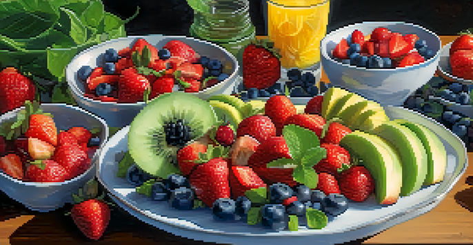 A beautifully arranged raw vegan meal on a wooden table, showcasing colorful fruits, leafy greens, and nuts, illuminated by soft natural light.