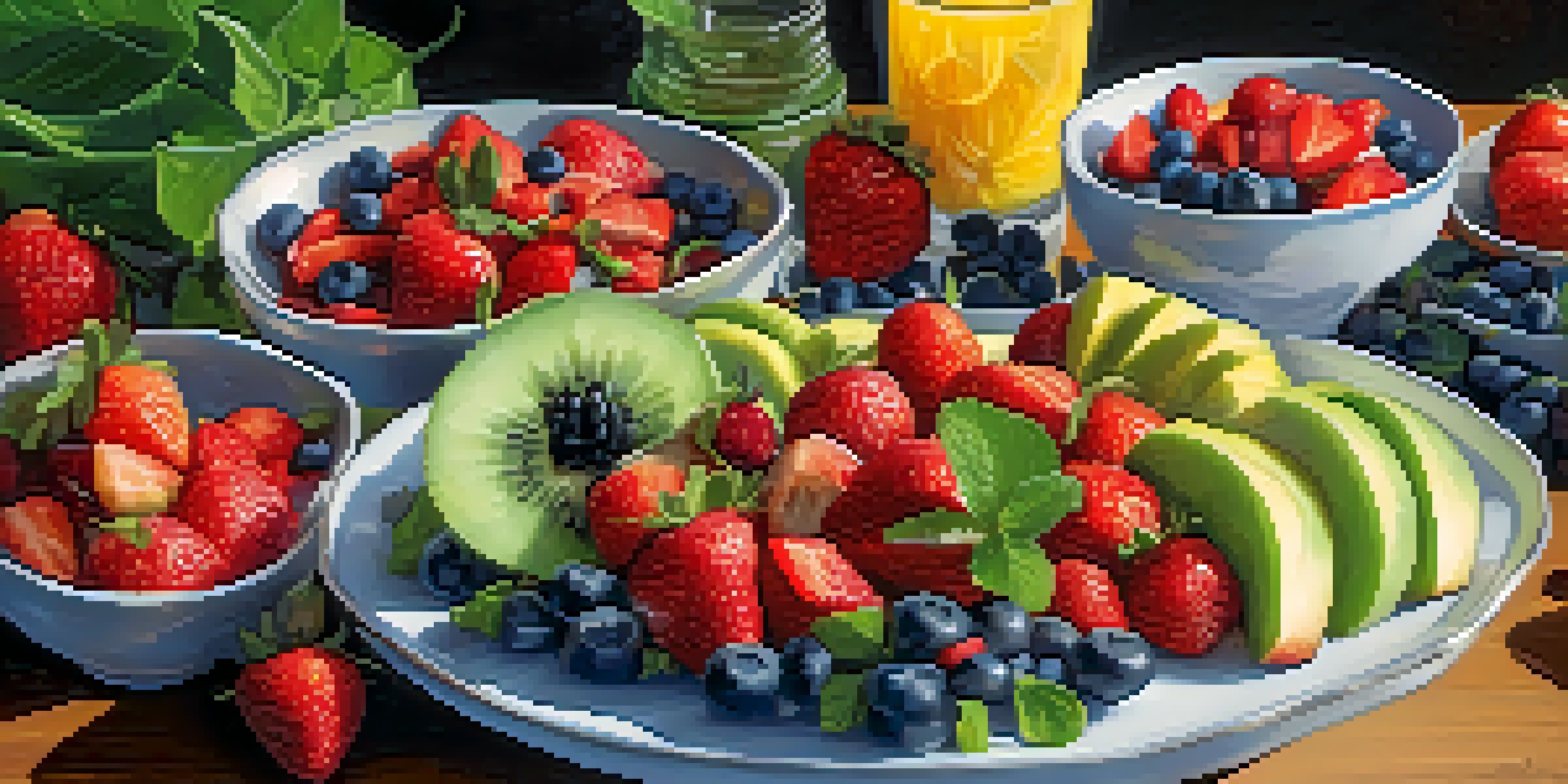 A beautifully arranged raw vegan meal on a wooden table, showcasing colorful fruits, leafy greens, and nuts, illuminated by soft natural light.