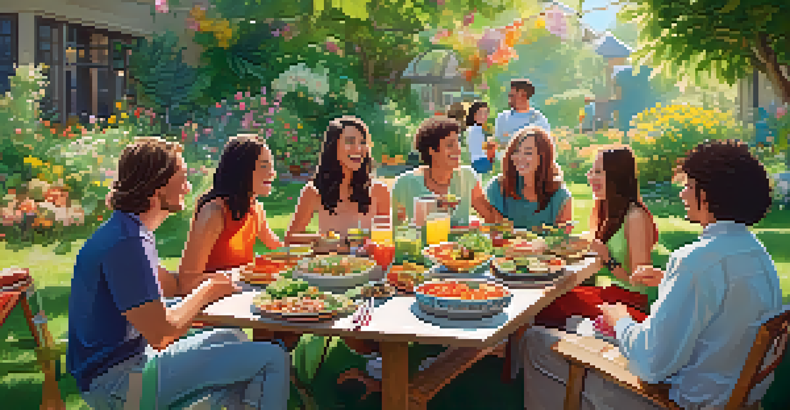 Friends enjoying a raw food potluck in a sunlit garden with colorful dishes on a table.