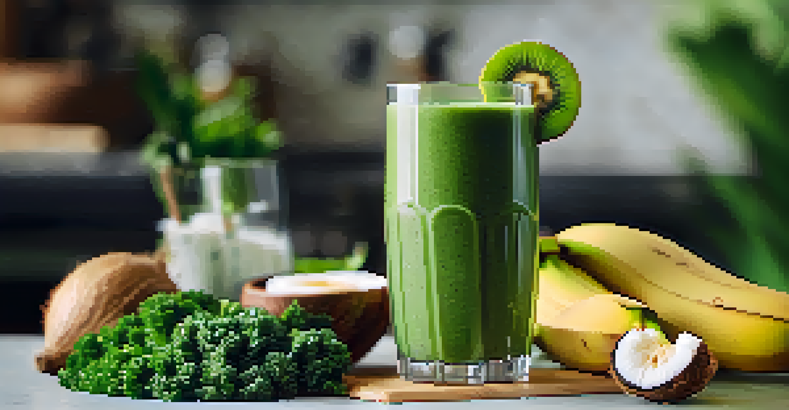 A close-up of a green smoothie being poured into a glass, highlighting its creamy texture and vibrant green color.