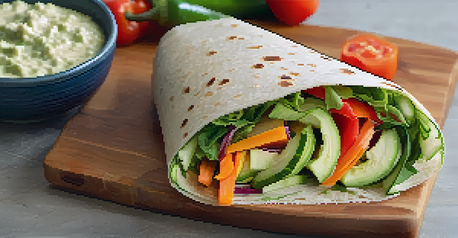 An overhead view of a colorful raw veggie wrap filled with fresh seasonal vegetables on a wooden board.