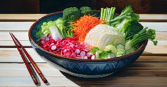A bowl of colorful kimchi with vegetables like napa cabbage and radishes, on a wooden table with fresh ingredients around it.