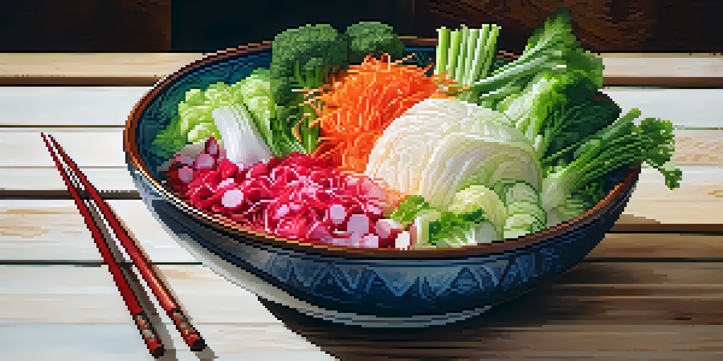 A bowl of colorful kimchi with vegetables like napa cabbage and radishes, on a wooden table with fresh ingredients around it.