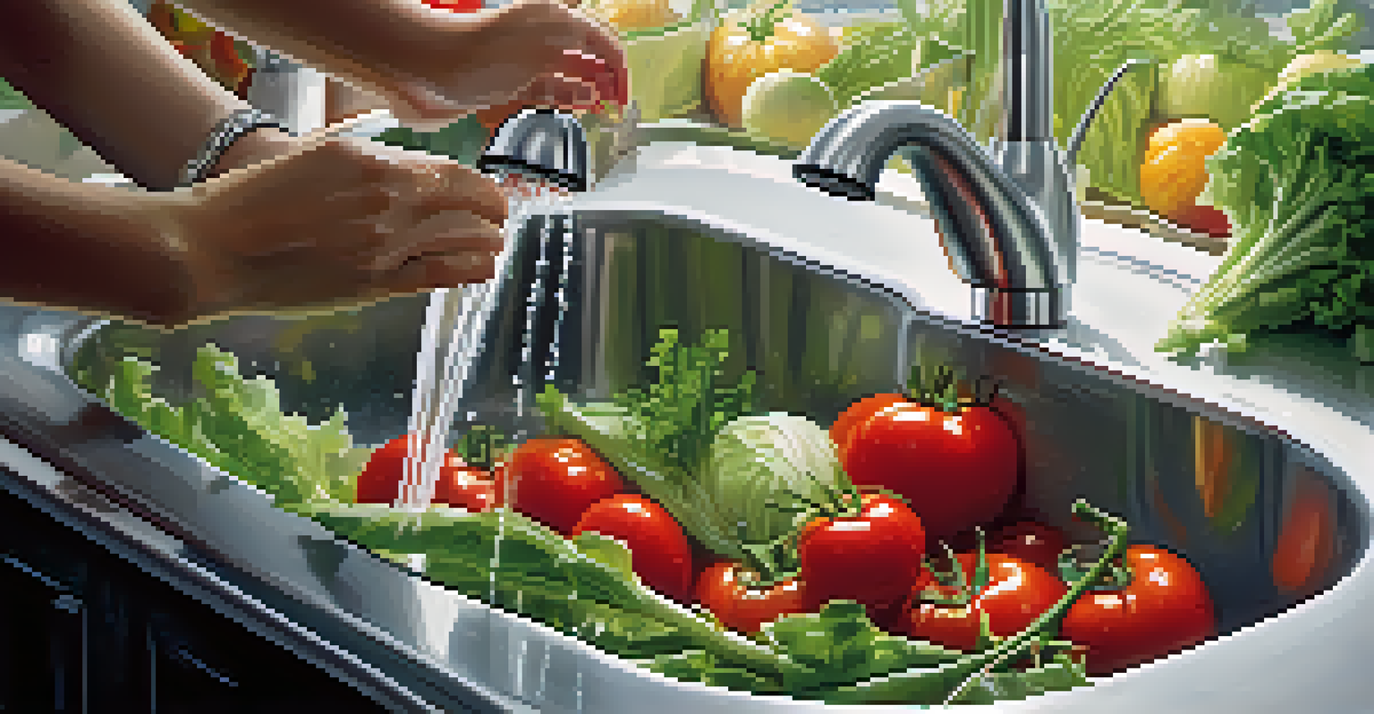 Close-up of hands washing fresh vegetables under running water in a modern sink.