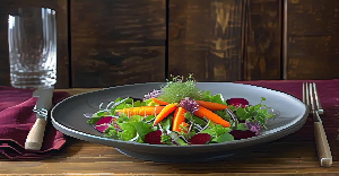 A colorful raw food salad arranged in a circular pattern, showcasing vibrant vegetables and garnished with microgreens and edible flowers.