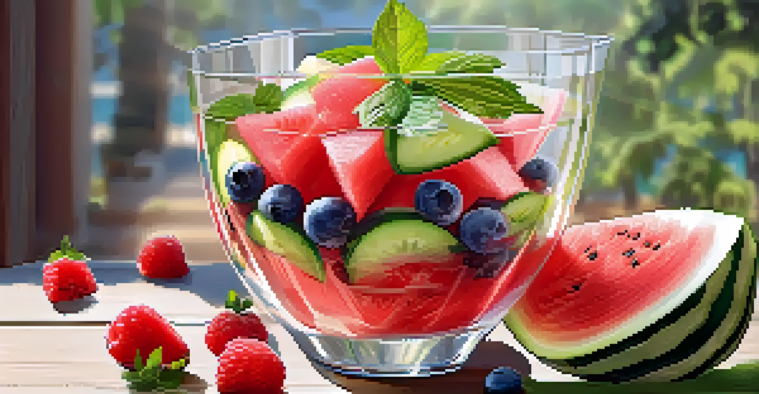 A clear glass bowl of summer fruit salad with watermelon, cucumber, and berries, garnished with mint leaves on a rustic wooden table, under bright sunlight.