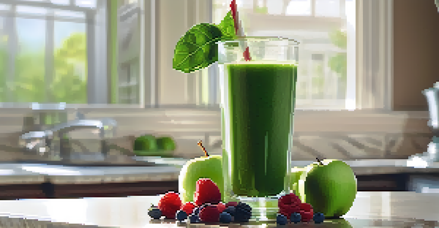 A close-up of a green smoothie in a clear glass, surrounded by fresh berries and a slice of apple, with a blurred kitchen background.
