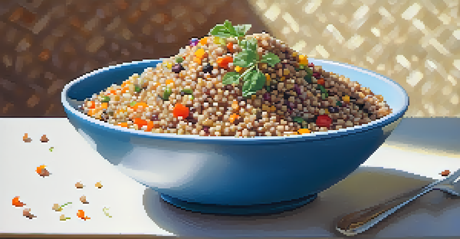 A close-up of a quinoa bowl with diced vegetables and sprouted lentils, highlighting the vibrant colors and textures.