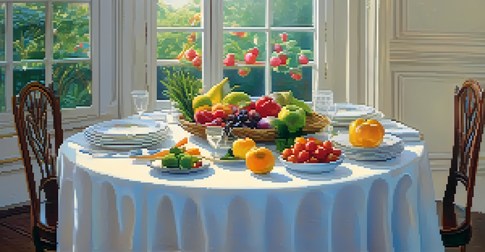 A peaceful dining table with fresh raw fruits and vegetables, softly lit by candles, creating a serene atmosphere for mindful eating.