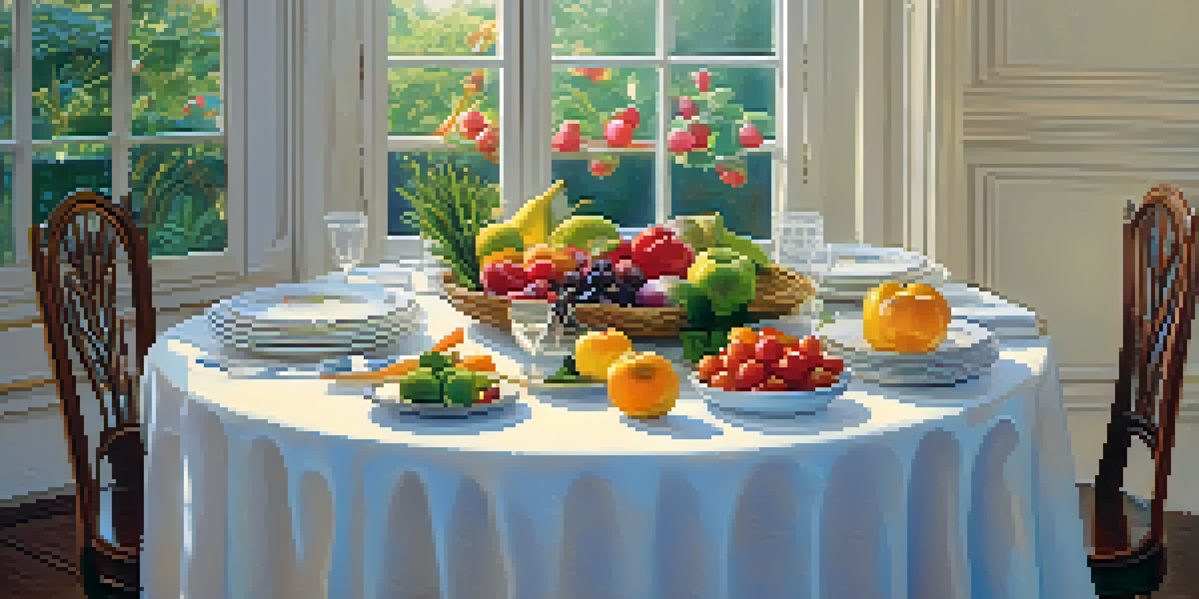 A peaceful dining table with fresh raw fruits and vegetables, softly lit by candles, creating a serene atmosphere for mindful eating.