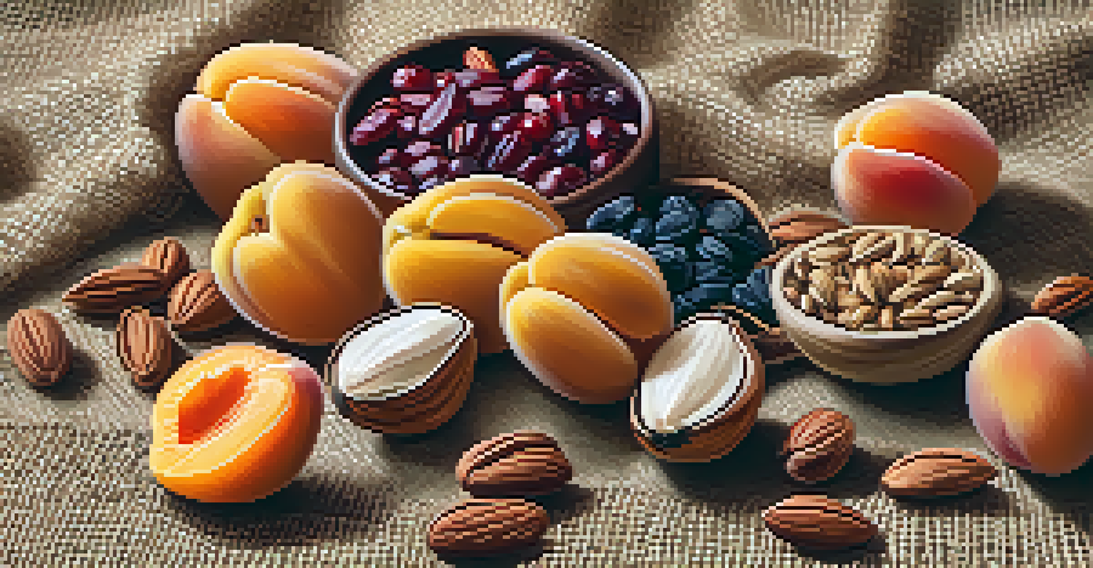 A beautiful display of raw nuts and seeds including almonds and walnuts on burlap cloth, with dried fruits scattered around.