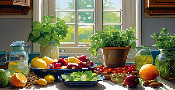A bright and inviting kitchen with a wooden table full of fresh raw fruits and vegetables, a glass of infused water, and a colorful salad. Potted herbs are visible in the background.