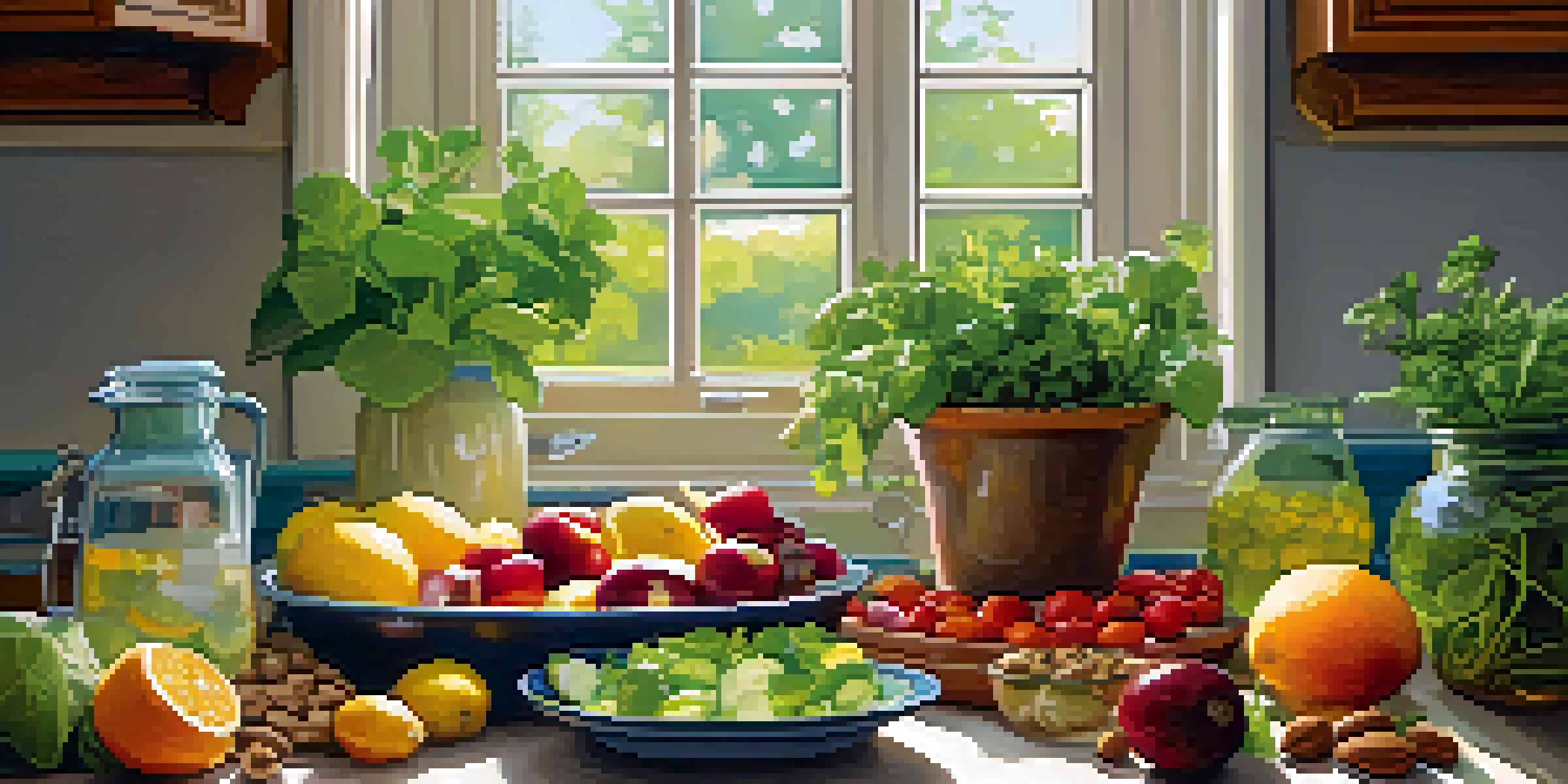 A bright and inviting kitchen with a wooden table full of fresh raw fruits and vegetables, a glass of infused water, and a colorful salad. Potted herbs are visible in the background.