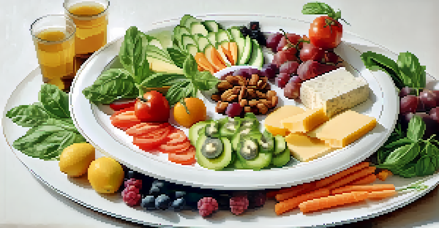 A raw food platter with geometric arrangements of vegetables, fruits, and nut cheeses, drizzled with oil and garnished with basil.