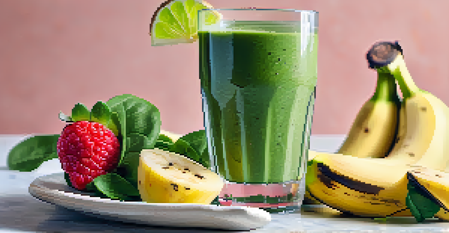 A glass of green smoothie made from spinach, bananas, and berries, garnished with a lime slice, set on a marble countertop with raw nuts and seeds around it.