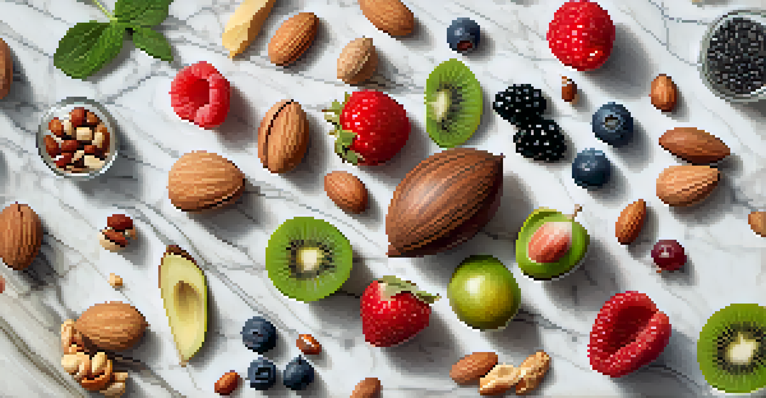 An artistic display of raw nuts, seeds, and berries arranged in a circular pattern on a marble countertop.