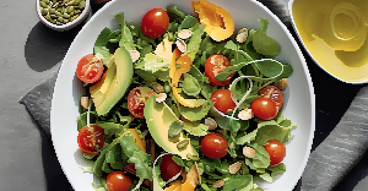 An overhead view of a colorful salad with mixed greens, avocado, cherry tomatoes, and pumpkin seeds in a white bowl, illuminated by bright sunlight.