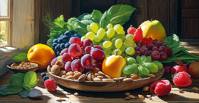 A colorful assortment of fresh fruits, vegetables, nuts, and seeds displayed on a wooden table, illuminated by sunlight.