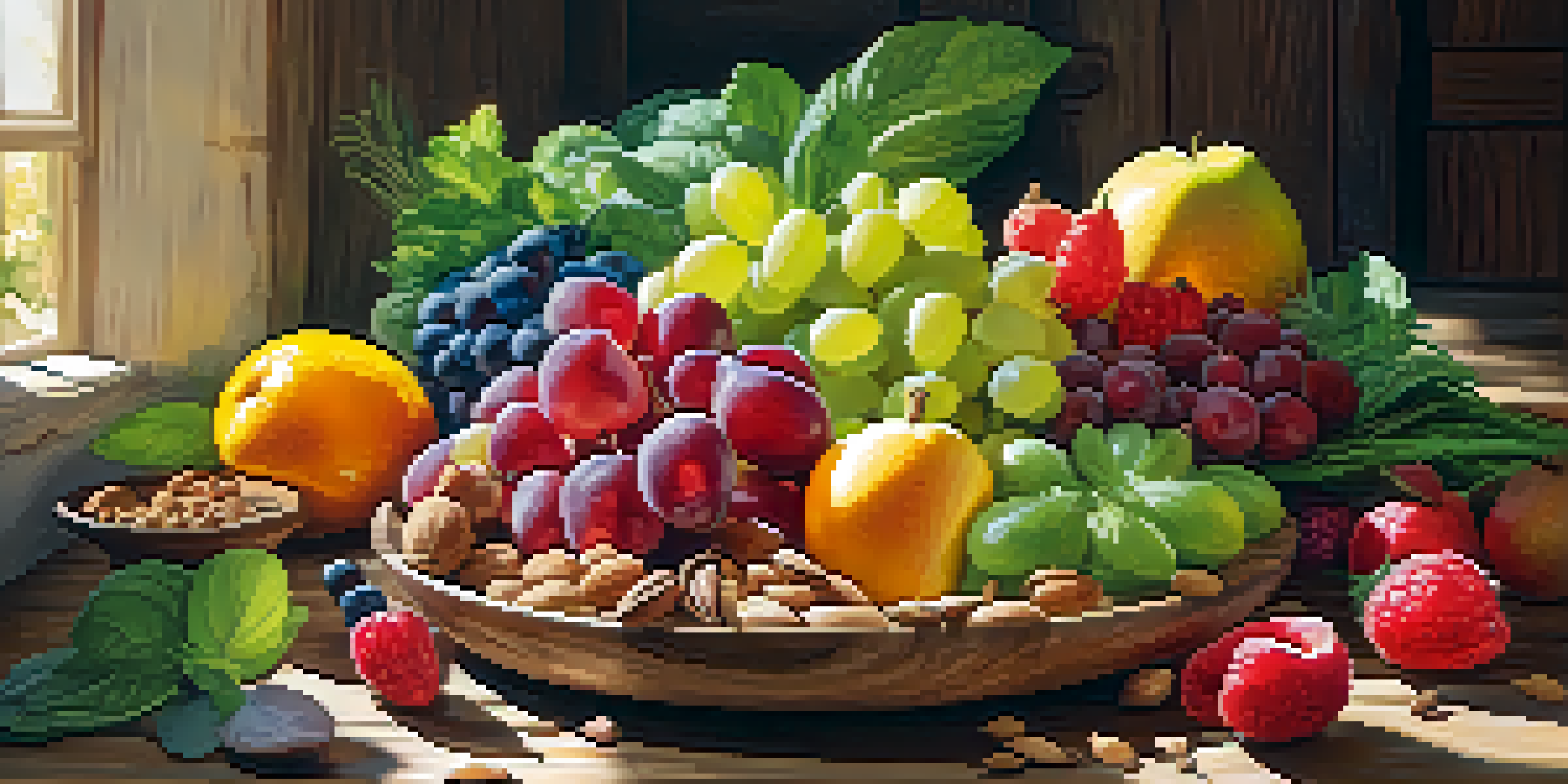 A colorful assortment of fresh fruits, vegetables, nuts, and seeds displayed on a wooden table, illuminated by sunlight.