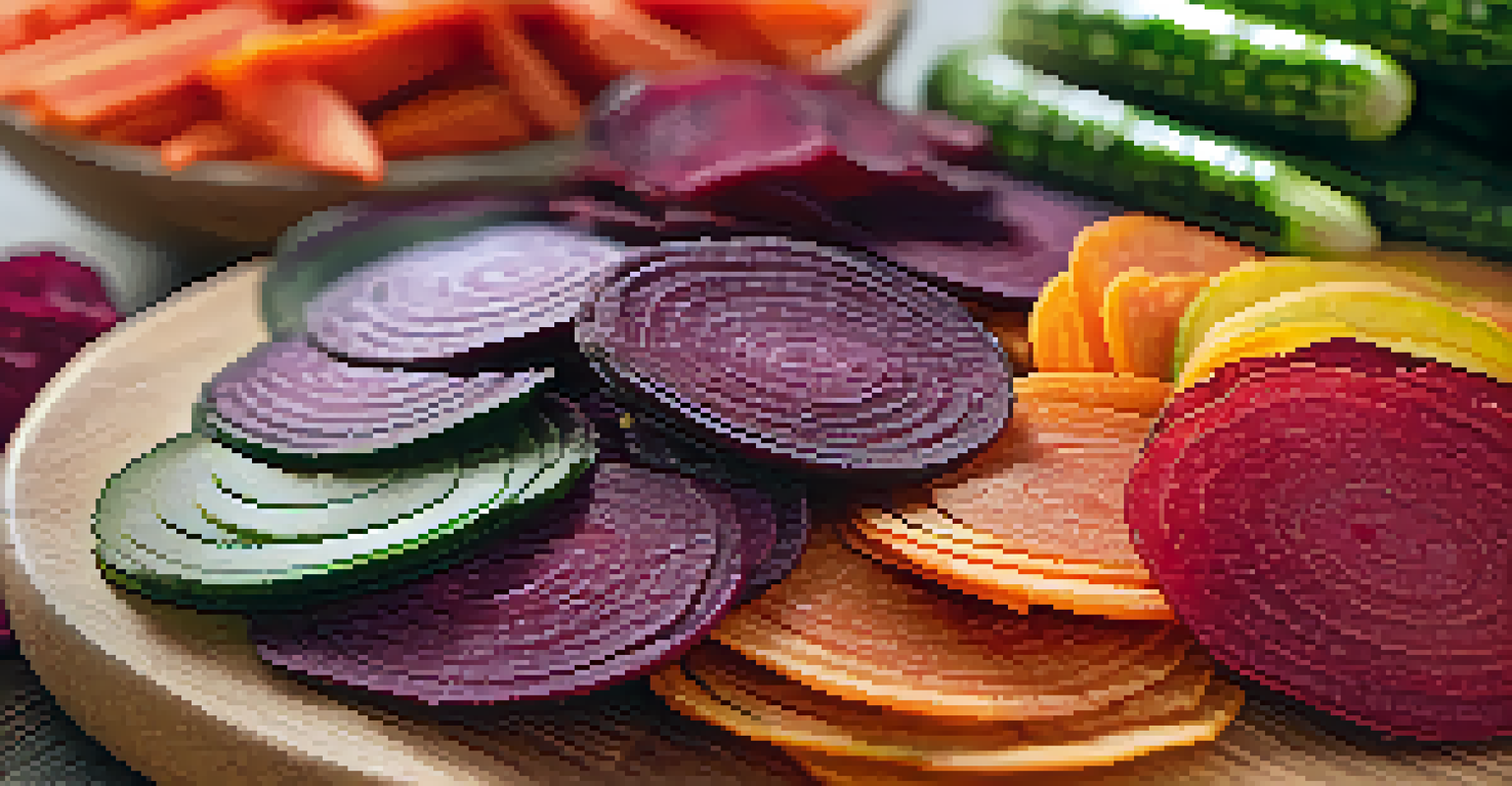 A wooden platter filled with colorful homemade raw veggie chips, showcasing zucchini, beets, and carrots.