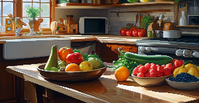 A bright kitchen with fresh fruits and vegetables on a wooden countertop, and a laptop showing a food e-commerce website.