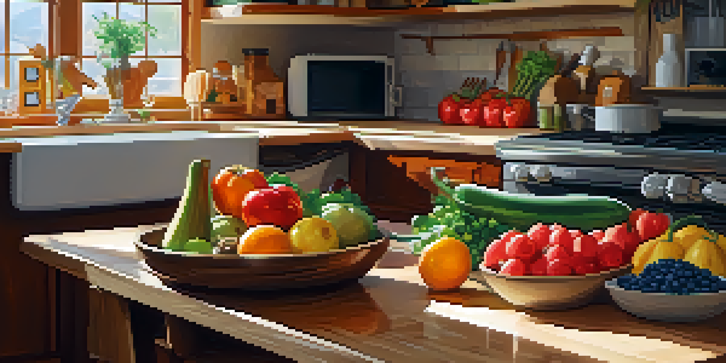 A bright kitchen with fresh fruits and vegetables on a wooden countertop, and a laptop showing a food e-commerce website.