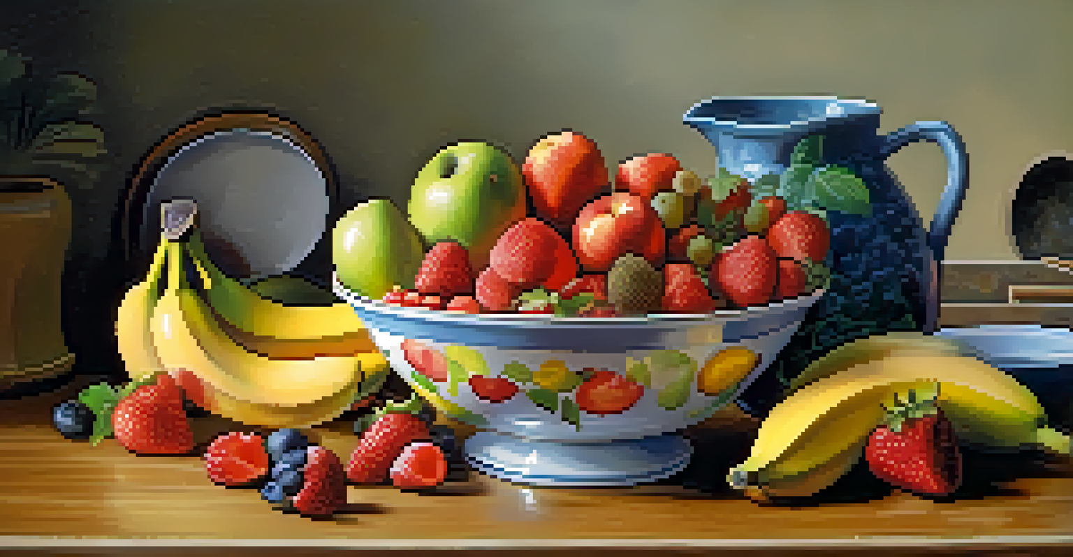 A vibrant fruit bowl with bananas, strawberries, and kiwis, displayed on a rustic kitchen table, illuminated by soft morning light.