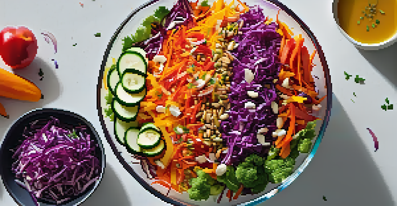 A rainbow salad with carrots, red cabbage, and bell peppers in a glass bowl on a white tablecloth.