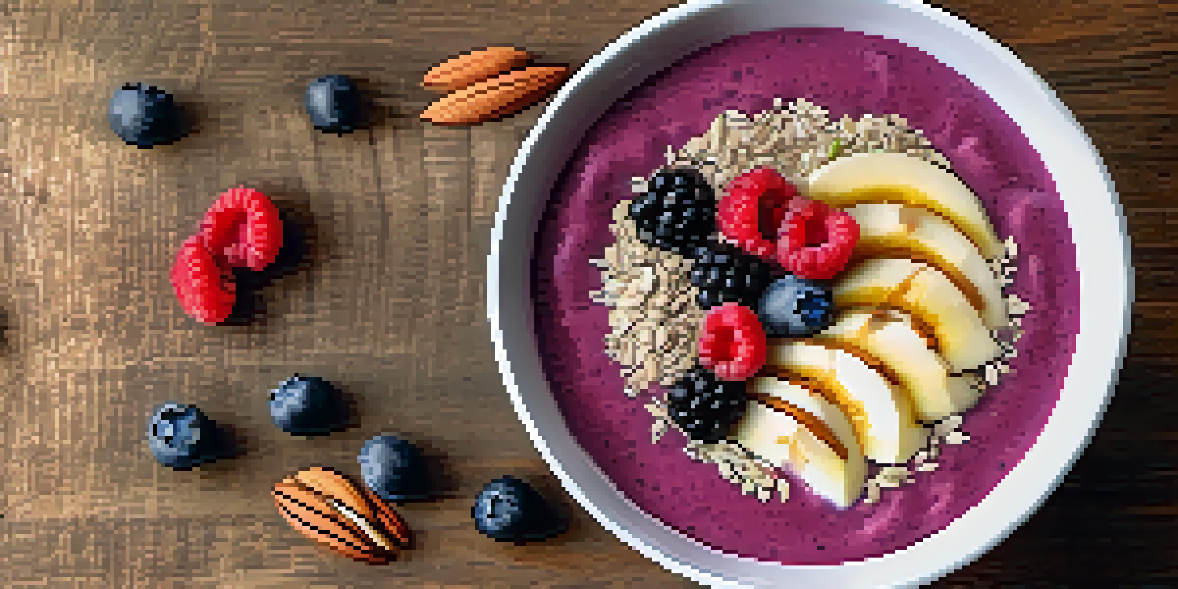 A colorful smoothie bowl with almond slices and chia seeds on top, placed on a wooden table.