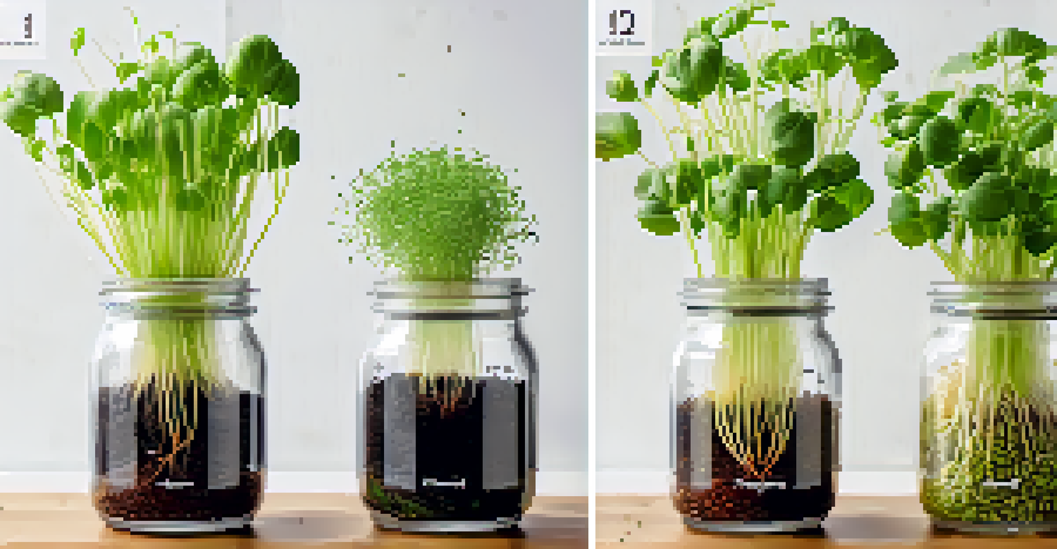 A visual guide showing the process of growing sprouts at home in a clear jar, with labeled steps on a white background.